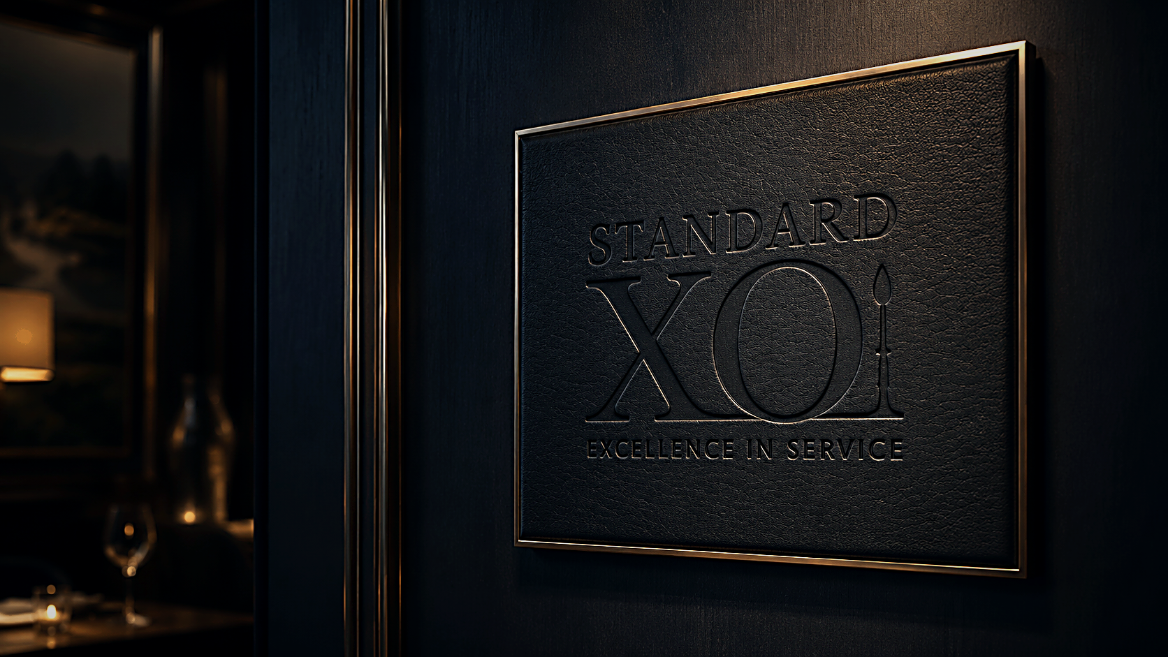 StandardXO — geprägte Tafel „Excellence in Service“ an dunkler Wand im Kerzenlicht